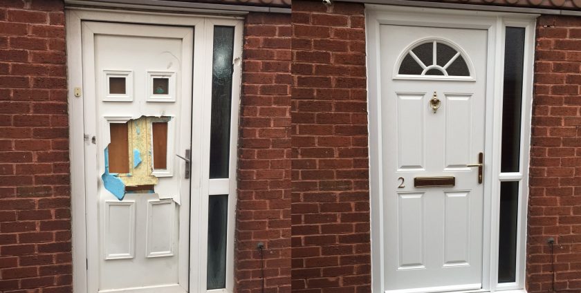 Before and after of badly damaged white front door